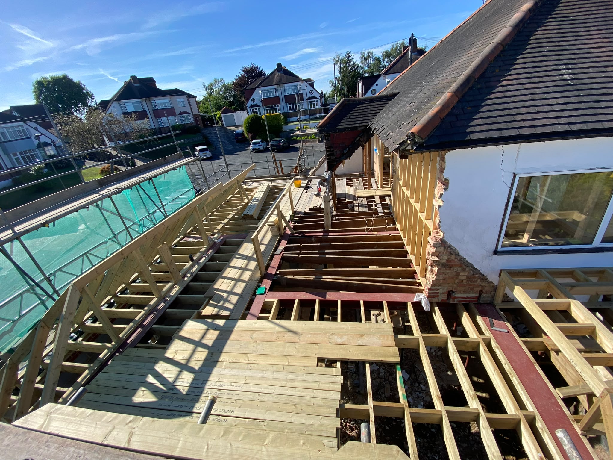 Timber floor and roof framing during construction